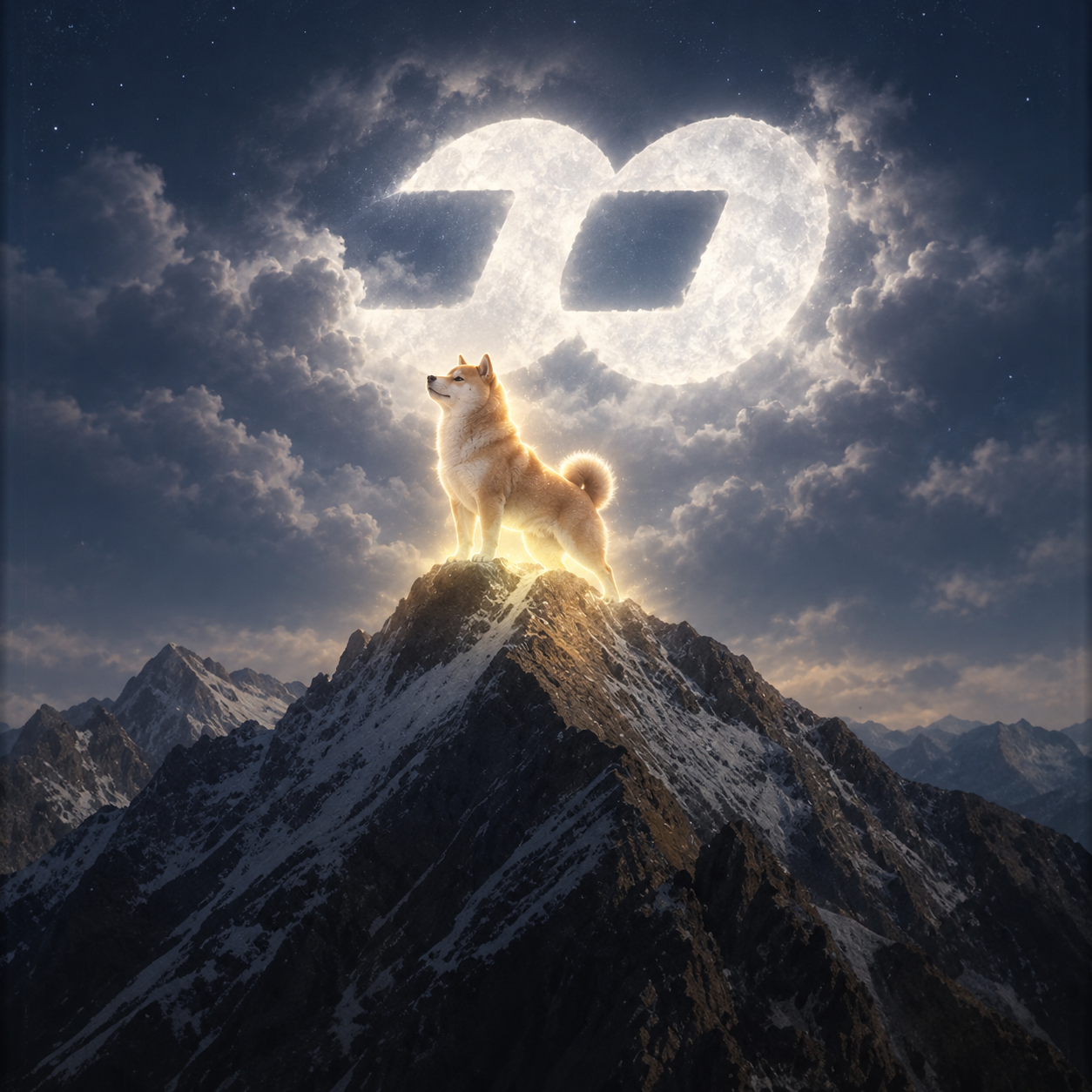 Shiba standing on a mountain beneath a glowing moon symbol